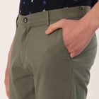 Men's Muted Olive Green Slim Fit Flat-Front Casual Trousers, Light Green, small