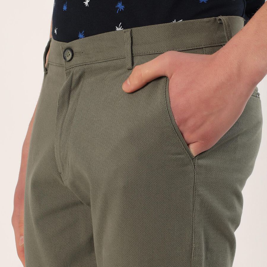 Men's Muted Olive Green Slim Fit Flat-Front Casual Trousers, Light Green, large