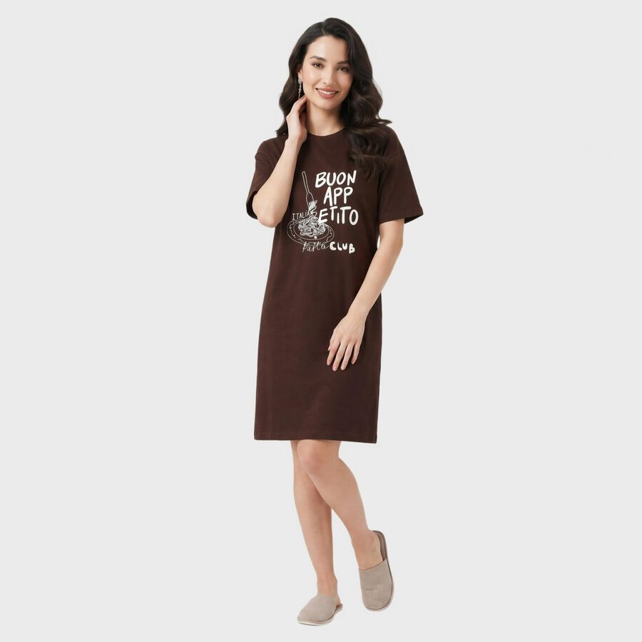 Women's Brown Cotton Round Neck T-Shirt Style Nighty, भूरा, large