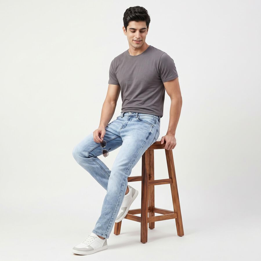 Men's Light Blue Slim Fit Faded Jeans, Mid Blue, large