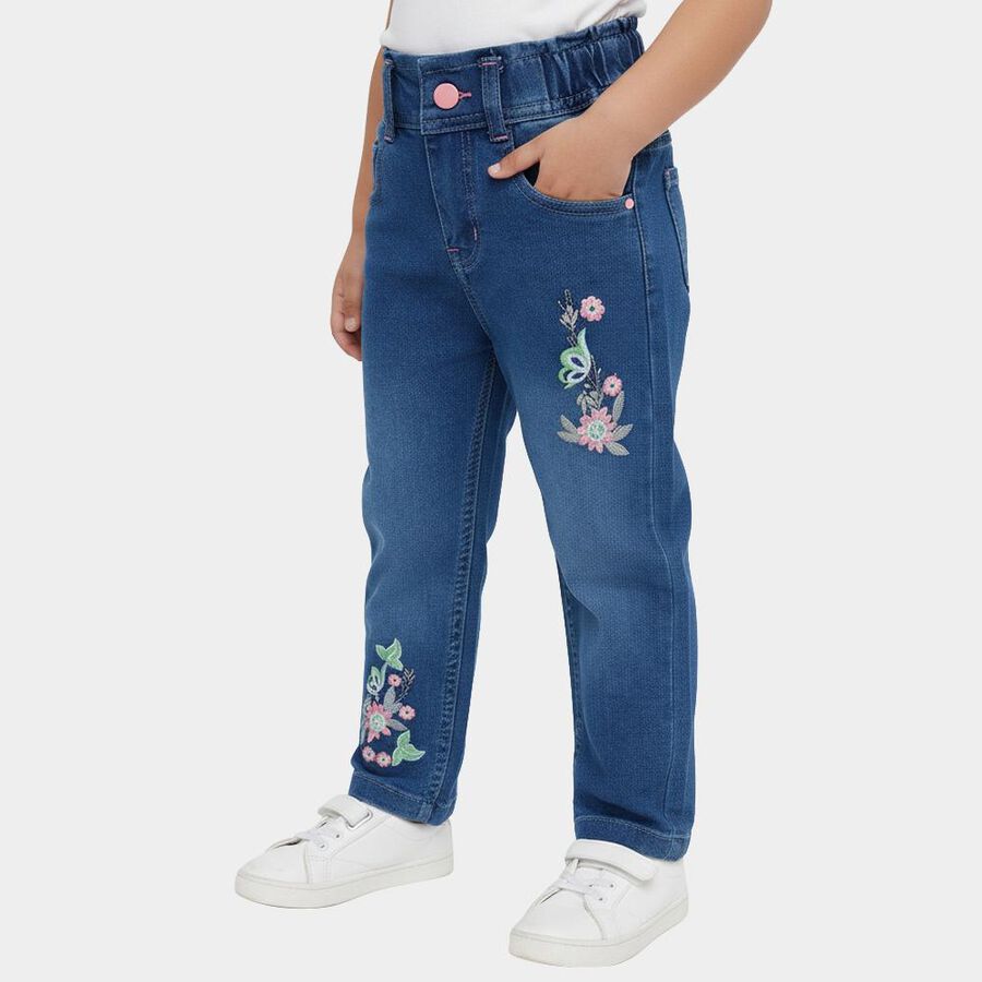 Girls' Medium Wash Embroidered Regular Fit Jeans, मध्यम नीला, large