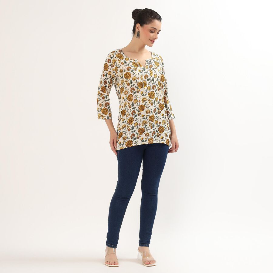 Women's Bright Mustard Yellow Notch Neck Floral Printed Kurti, Yellow, large