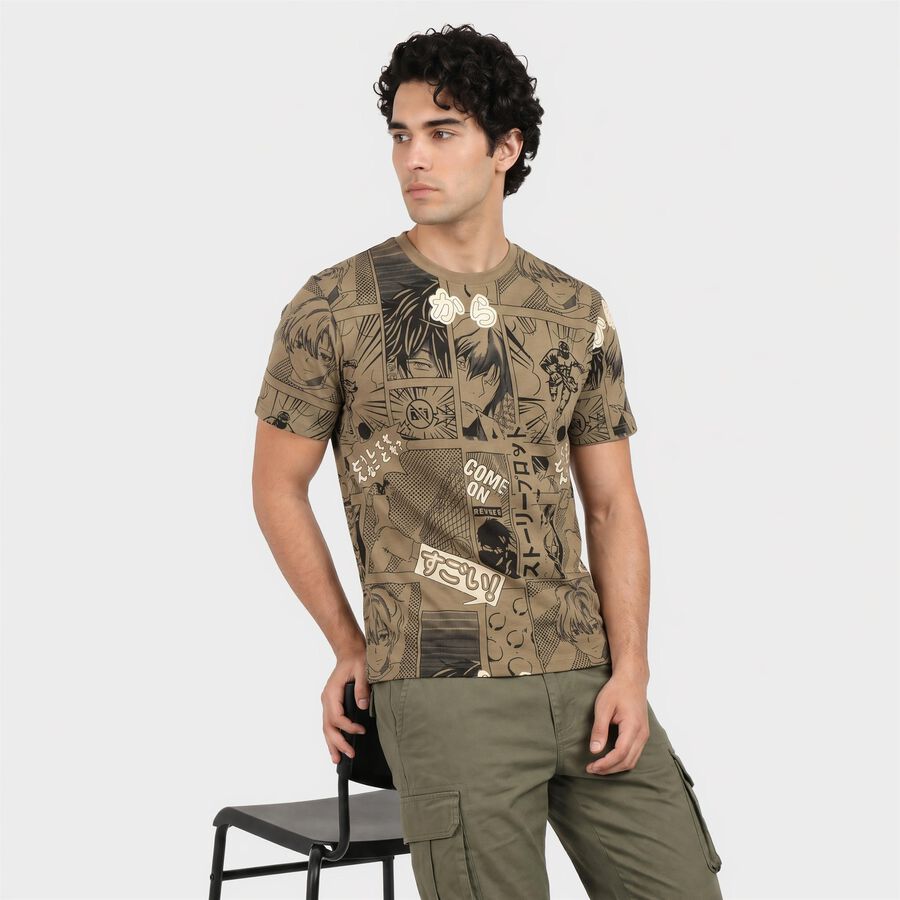 Men's Olive Green Cotton Round Neck Regular T-Shirt, ओलिव, large