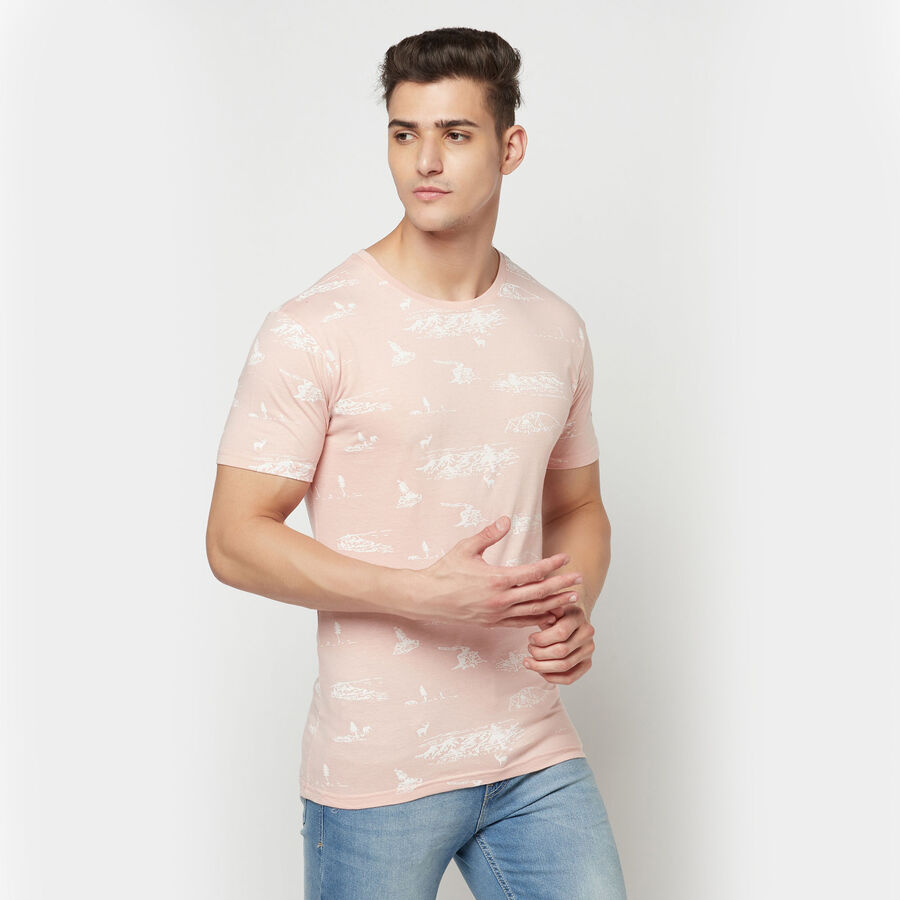 Cotton Printed Round Neck T-Shirt, Peach, large image number null
