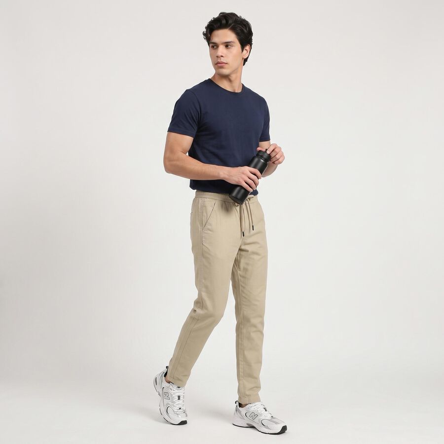 Men's Beige Slim Fit Drawstring Casual Trousers, Beige, large