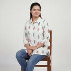 Women's White Cotton Notch Neck Floral Printed Kurti, Off White, small