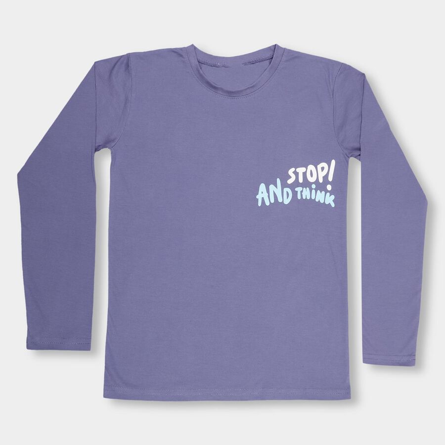 Boys' Purple Cotton Round Neck Casual T-Shirt, मध्यम नीला, large image number null