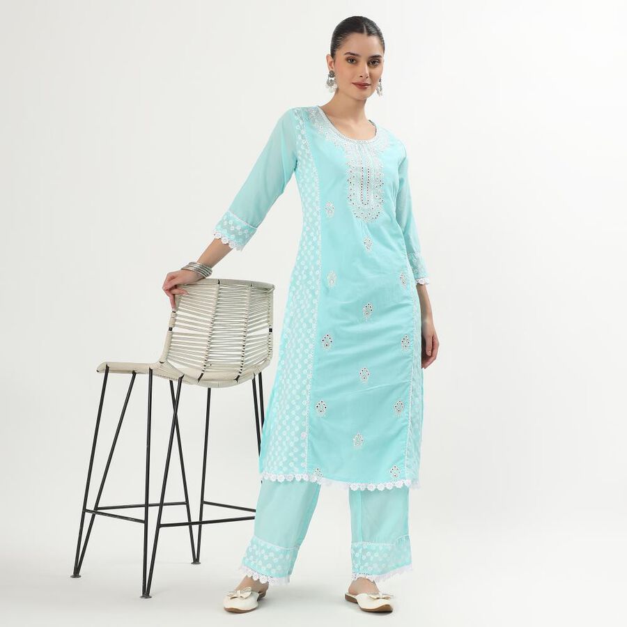 Women's Light Aqua Blue Cotton Embroidered Ethnic Set, Light Blue, large image number null