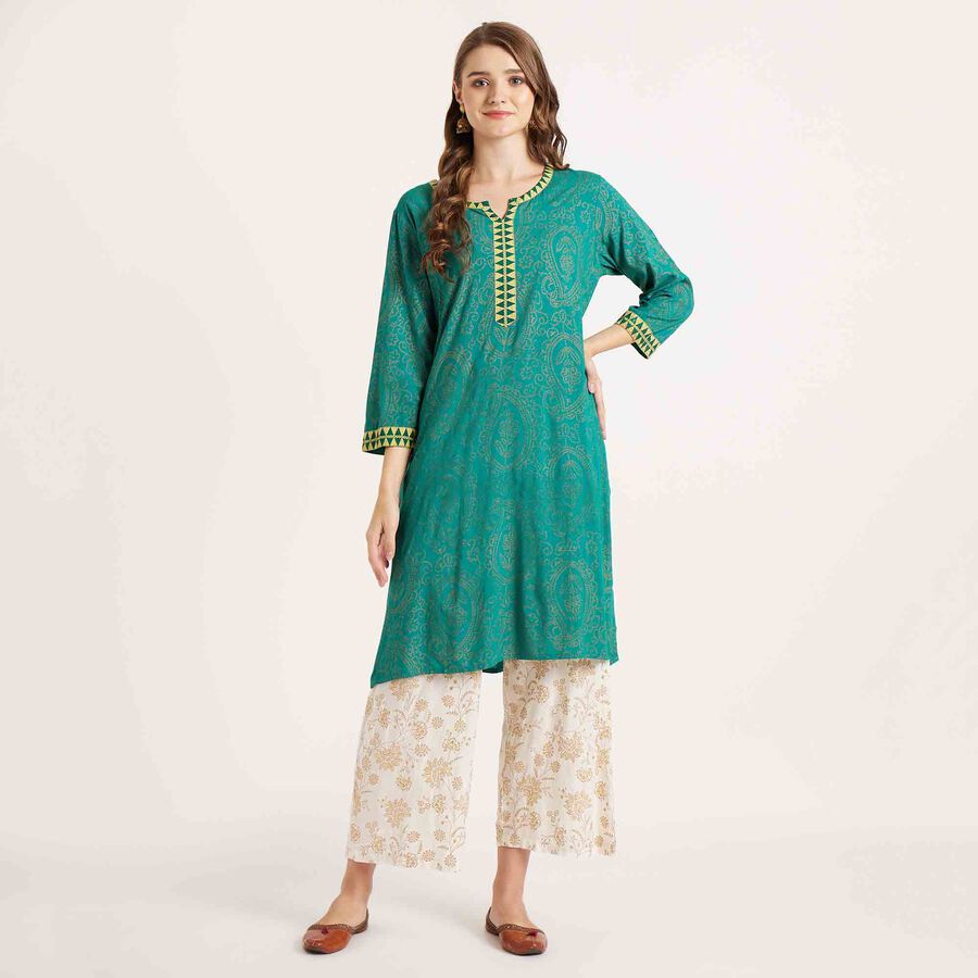 Printed 3/4th Sleeve Kurta, Dark Green, large image number null