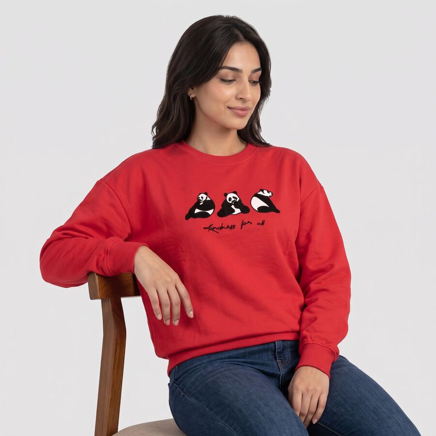 Women's Fuchsia Crew Neck Graphic Print Pullover Sweatshirt, रानी (फ्यूशिया), large