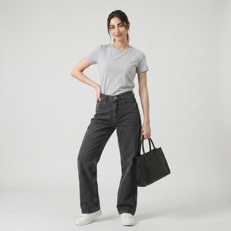 Women's Dark Grey Braided Side Detail Jeans, गहरा ग्रे, large