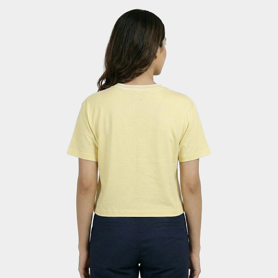 Women's Yellow Cotton Round Neck Casual T-Shirt, पीला, large