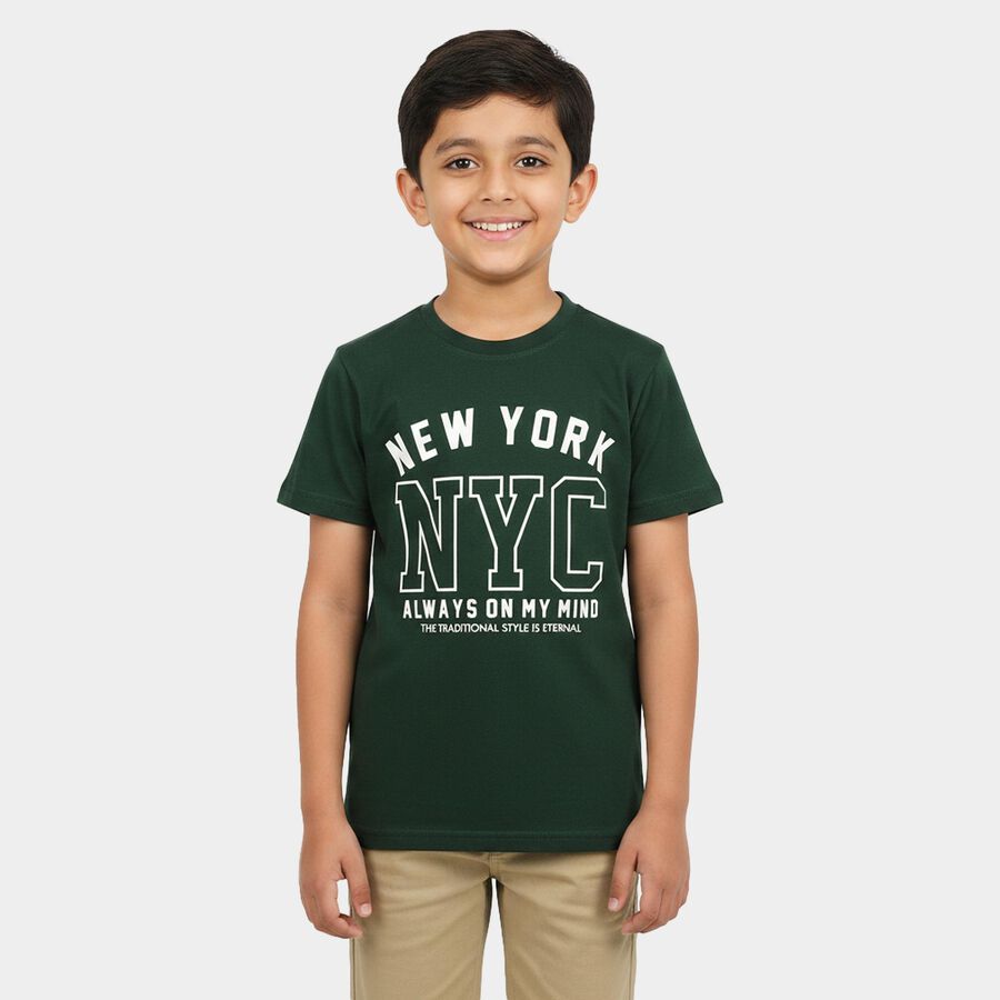 Boys Green Round Neck Casual Boys T-Shirt, गहरा हरा, large