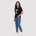 Women Black Cotton Round Neck Regular Graphic Print T-Shirt, Black, small