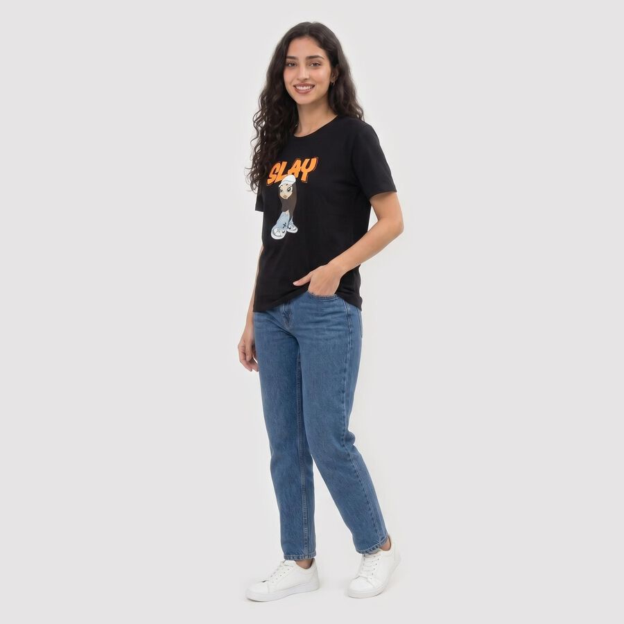 Women Black Cotton Round Neck Regular Graphic Print T-Shirt, Black, large