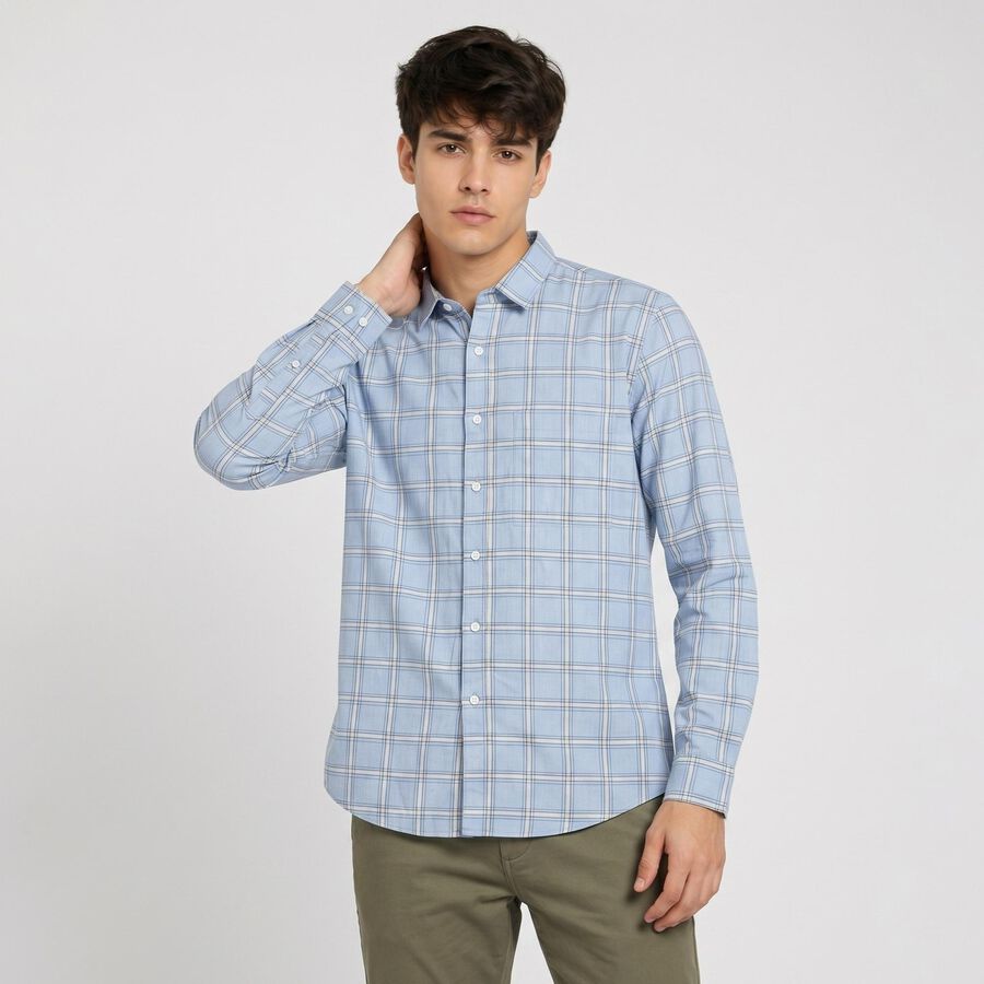 Men's Light Blue Cotton Long Sleeves Spread Collar Regular Fit Shirt, Mid Blue, large