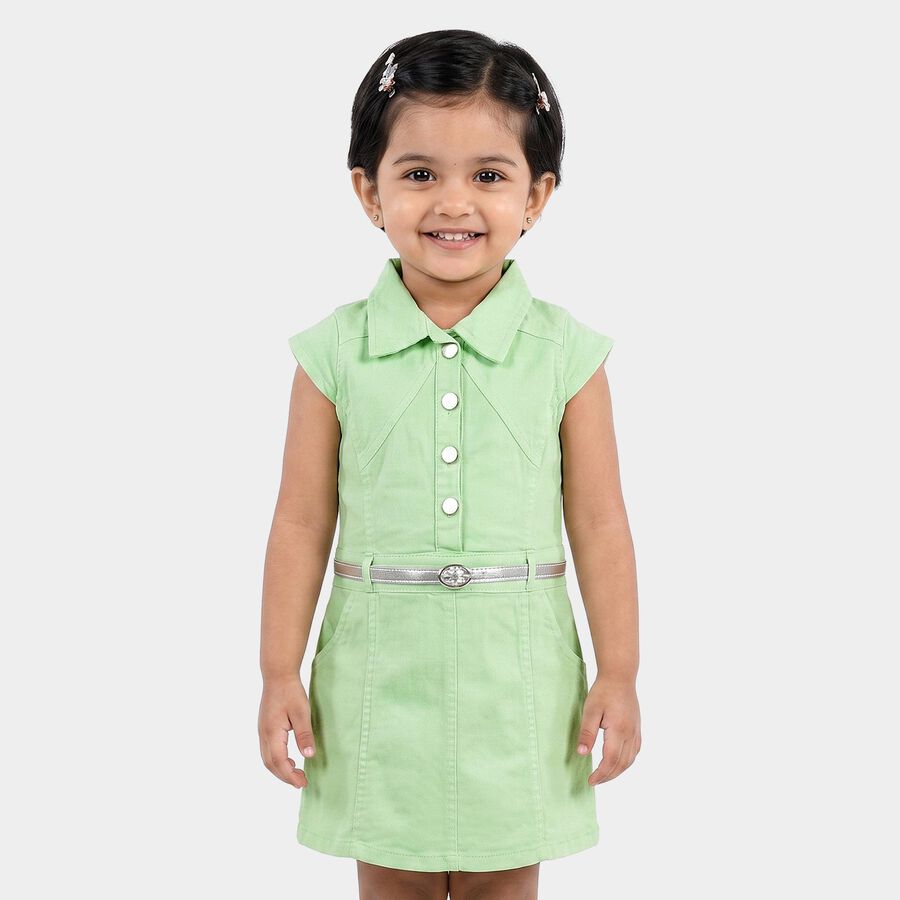 Girls' Mint Green Shirt Style Belted Frock, हल्का हरा, large