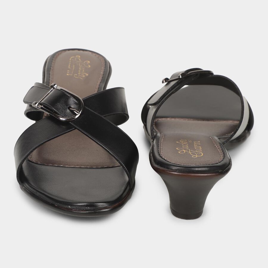 Women's Jet Black Buckle Strap Heeled Sandals, काला, large image number null