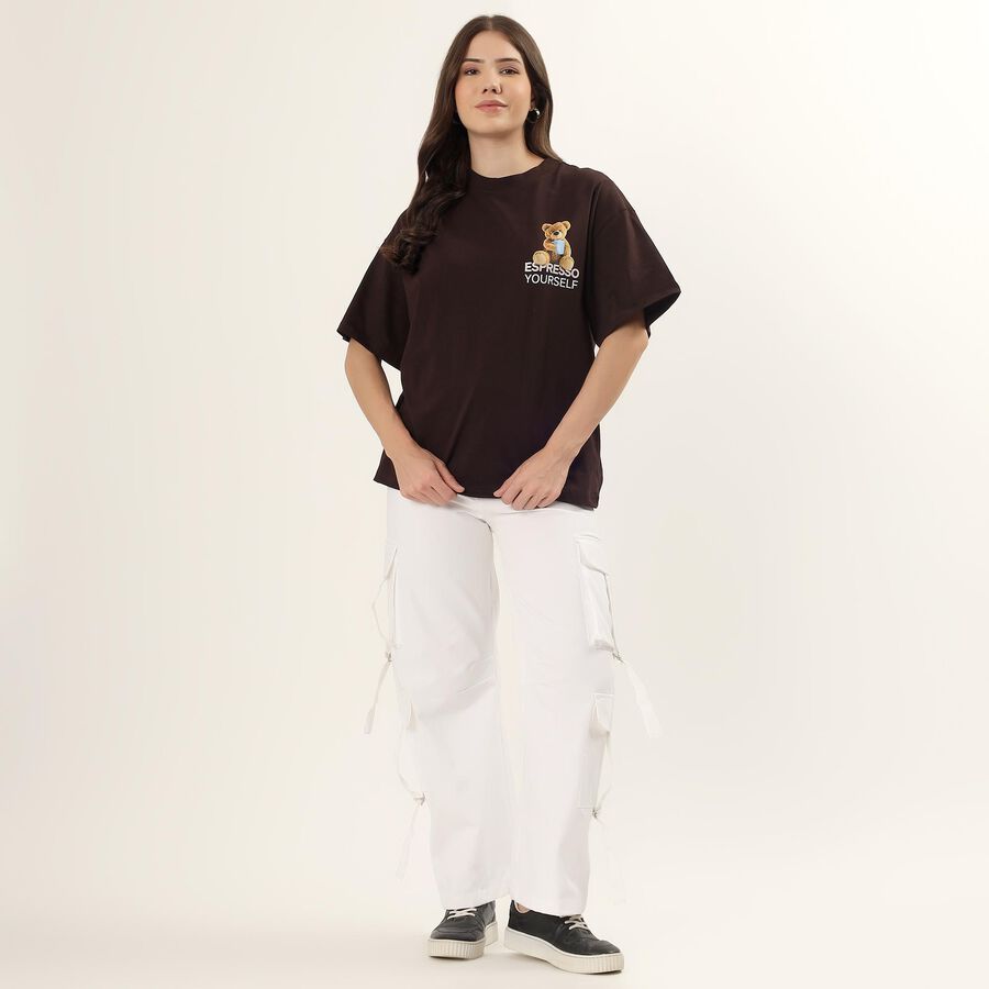 Women's Brown 100% Cotton Round Neck Minimalist T-Shirt, Brown, large