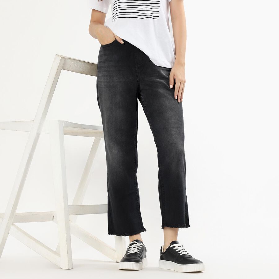Women's Faded Black Straight Fit Frayed Hem Jeans, Black, large image number null