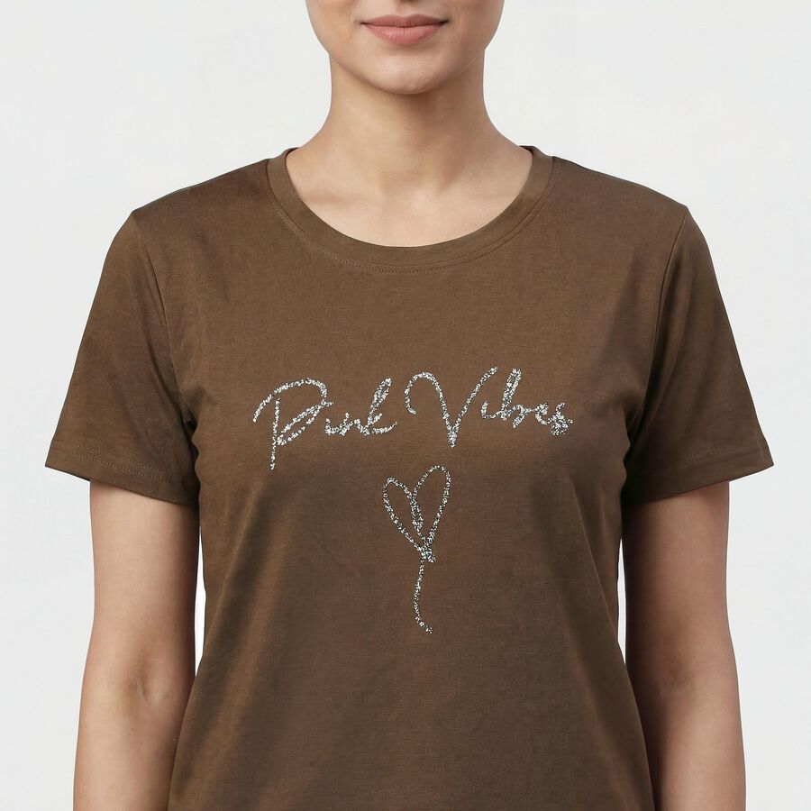 Women's Olive Round Neck Minimalist T-Shirt, ओलिव, large