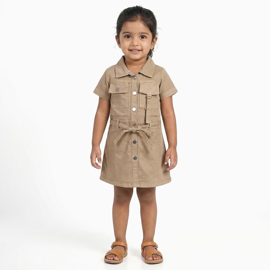 Girls' Beige Shirt-Style Cotton Blend Casual Frock, Beige, large image number null