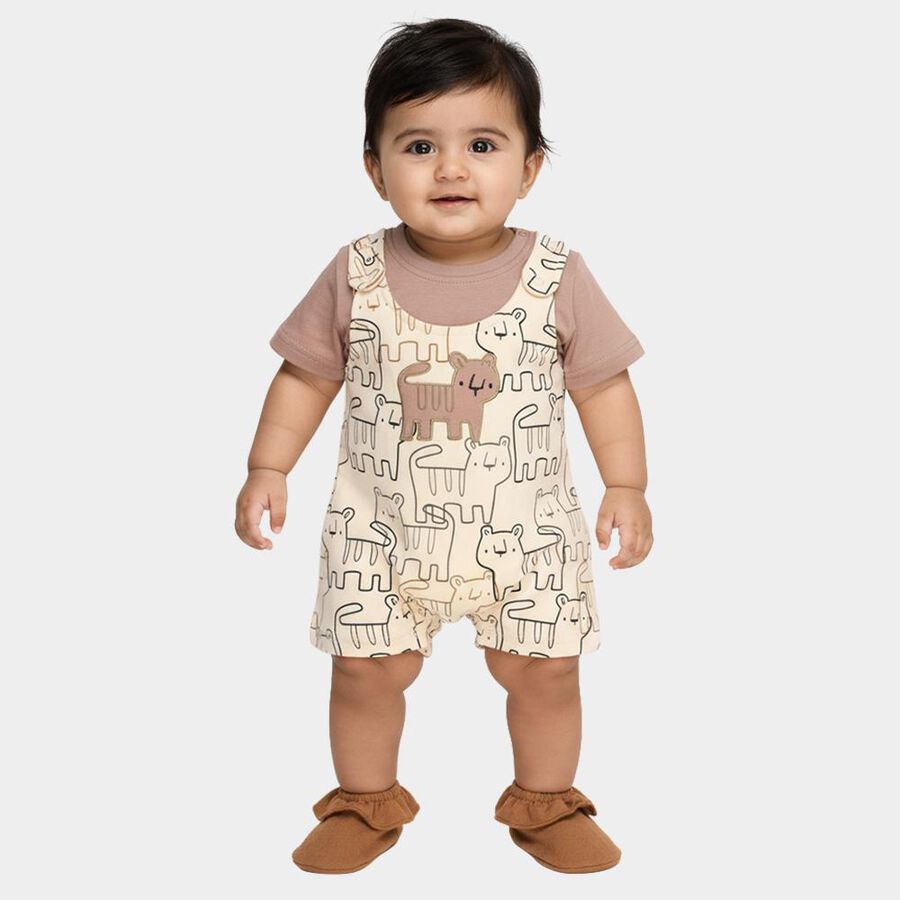 Infants' Beige Cotton Round Neck Cartoon Print Baba Suit, Beige, large