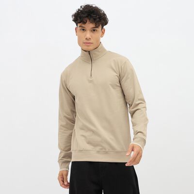 Men's Muted Beige Cotton Blend High Neck Casual Sweatshirt
