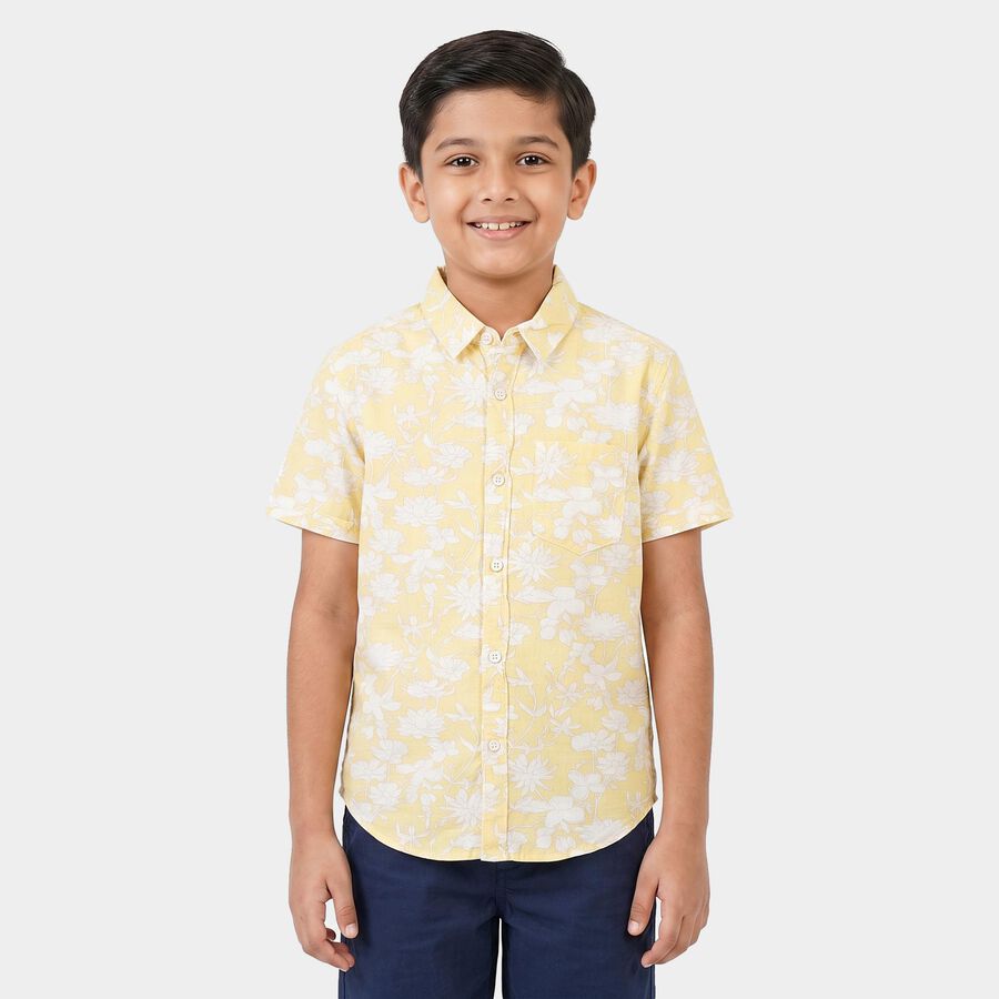 Boys Yellow Cotton Floral Printed Casual Shirt, Yellow, large