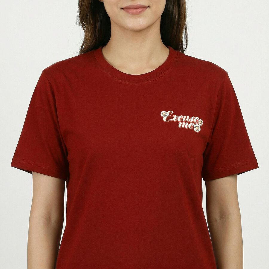 Women Rust Cotton Round Neck Casual T-Shirt, Rust, large