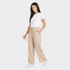 Women Beige Straight Fit Drawstring Waist Track Pants, Beige, small
