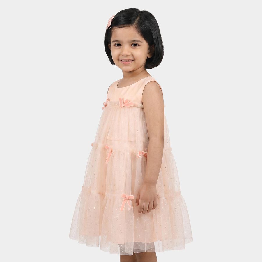 Girls' Pink Sleeveless Tiered Bow Detail Frock, Light Pink, large