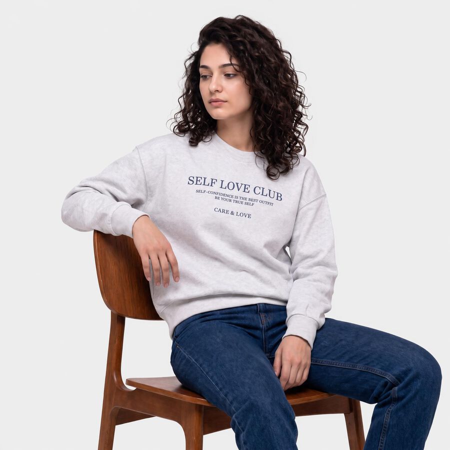 Women's Grey Crew Neck Graphic Print Sweatshirt, मिश्रित हल्का ग्रे, large
