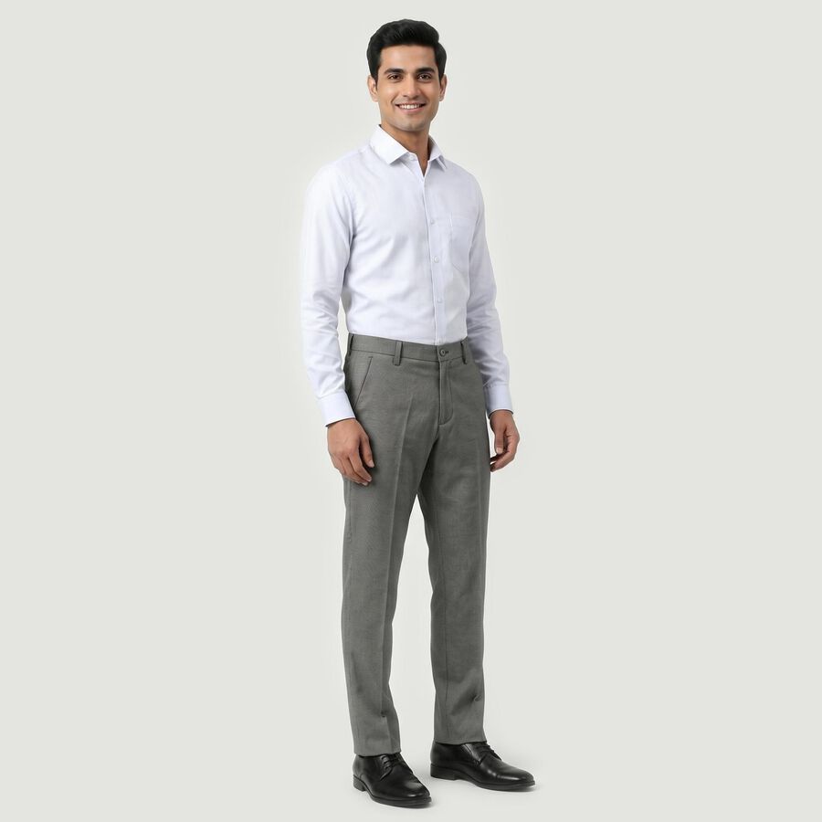 Men's Grey Slim Fit Flat-Front Formal Trousers, Light Grey, large
