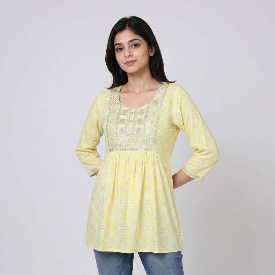 Women's Yellow Square Neck Embroidered Kurti, पीला, large