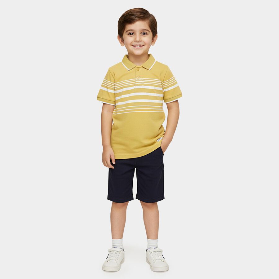 Boys' Mustard Cotton Polo Neck Striped T-Shirt, Mustard, large