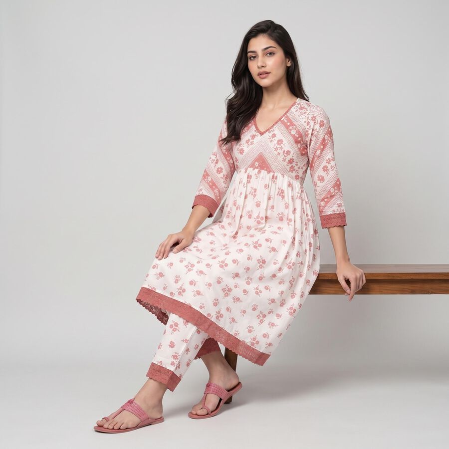 Women's Pink V-Neck Floral Printed Kurta, Light Pink, large
