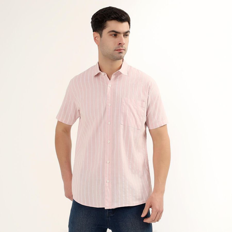 Men's Pale Powder Pink Cotton Half Sleeve Spread Collar Casual Shirt, Pink, large
