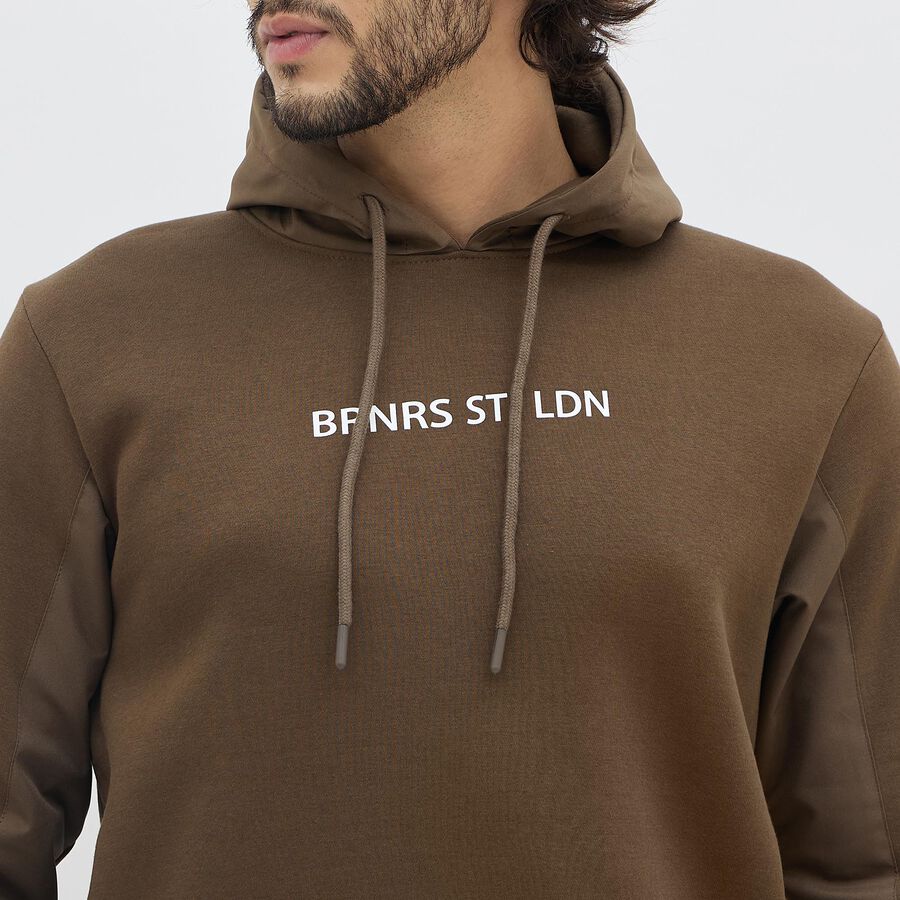 Men's Dark Brown Hooded Casual Sweatshirt, भूरा, large image number null
