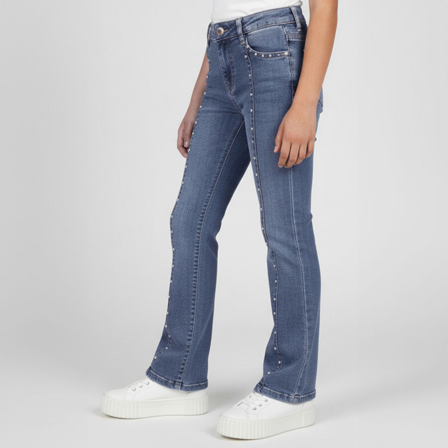 Girls' Stonewashed Blue Slim Fit Embellished Jeans, Mid Blue, large image number null