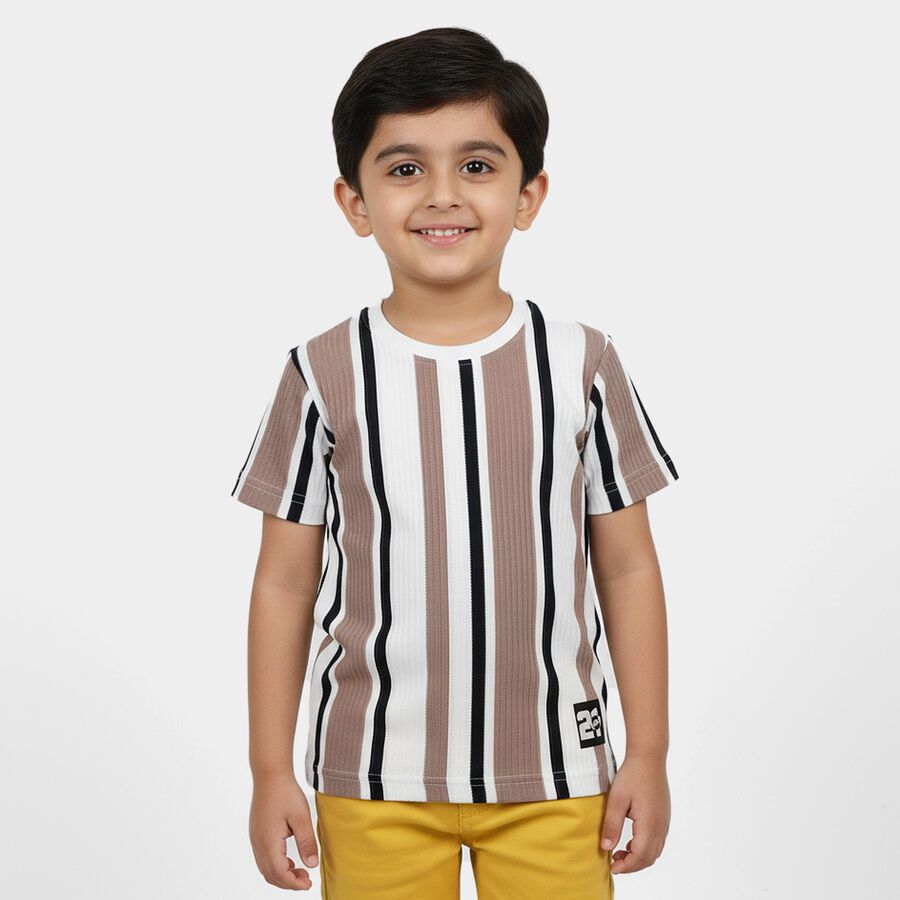 Boys Beige Crew Neck Casual T-Shirt, गहरा पीला, large