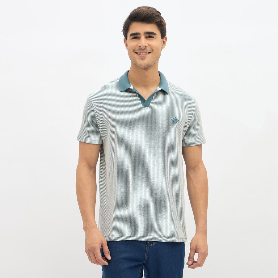 Men's Muted Sage Green Polo Neck Casual T-Shirt, Mid Blue, large