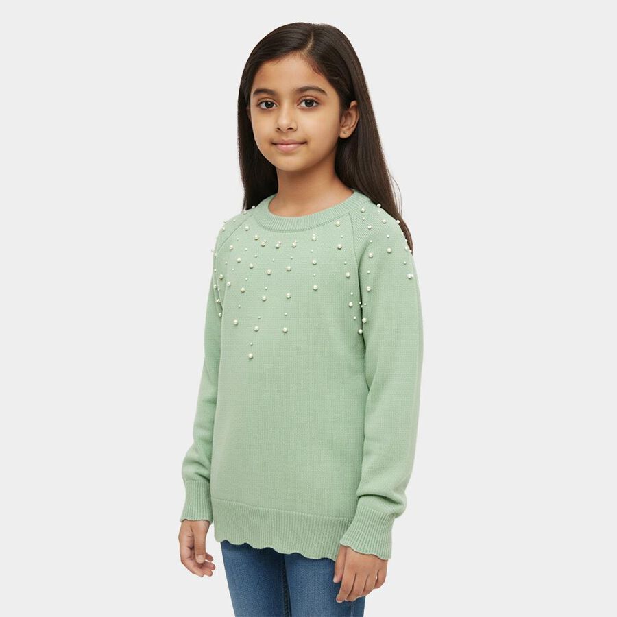 Girls' Mint Green Crew Neck Casual Pullover, Light Green, large image number null