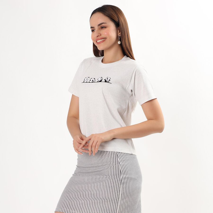 Women's Soft White Round Neck Casual T-Shirt, Ecru Melange, large