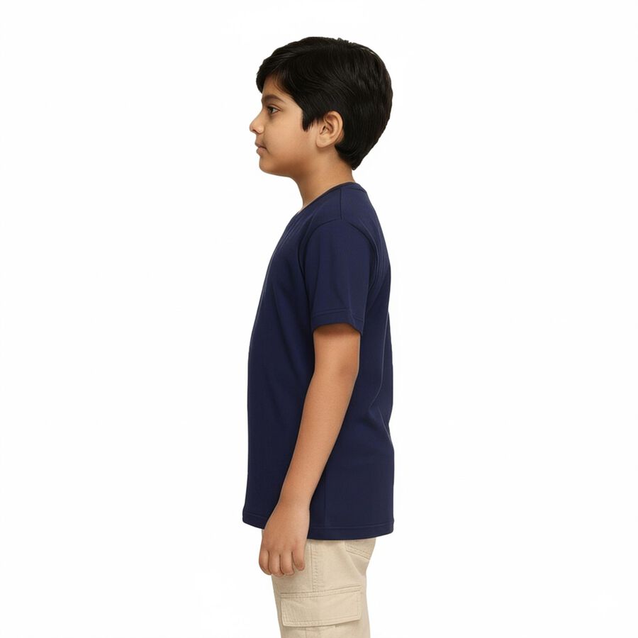 Boys Deep Midnight Navy Blue Cotton Crew Neck Casual T-Shirt, मध्यम नीला, large image number null