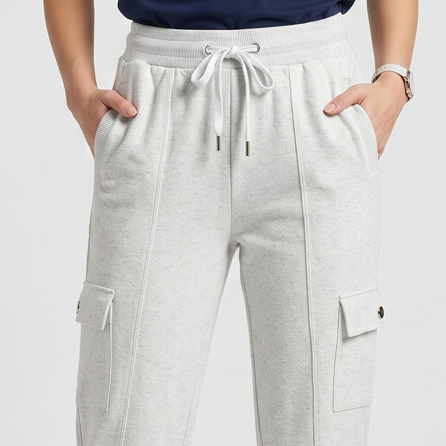 Women's Ecru Melange Straight Fit Cargo Track Pants, Ecru Melange, large