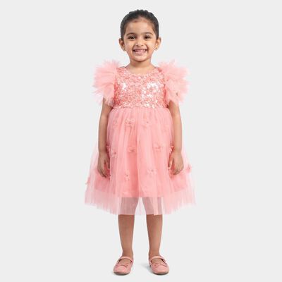Girls' Light Pink Fit and Flare Sequin Applique Party Wear Frock