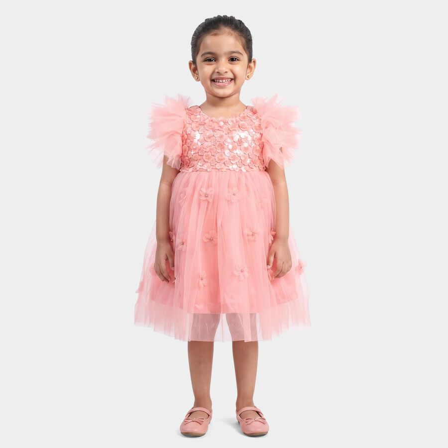 Girls' Light Pink Fit and Flare Sequin Applique Party Wear Frock, Light Pink, large
