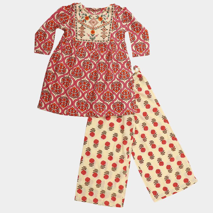 Girls' Beige Round Neck Bohemian Fusion Set, गहरा पीला, large