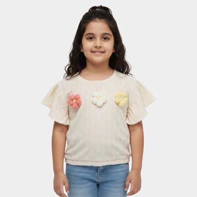 Girls' Off-White Round Neck Casual Sleeveless T-Shirt